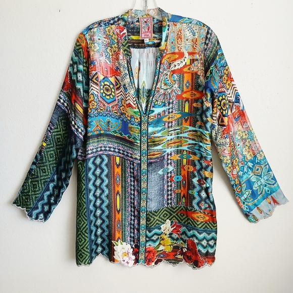 Johnny Was Tops - Johnny Was Cane Silk Jade Haya Twill Tunic Size Med